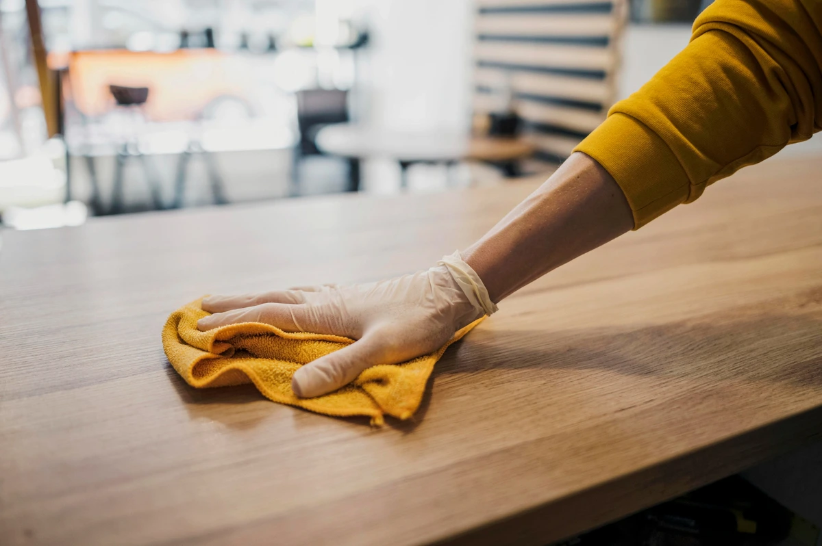 Cleaner wiping a coffee table or fluffing cushions in a living room.